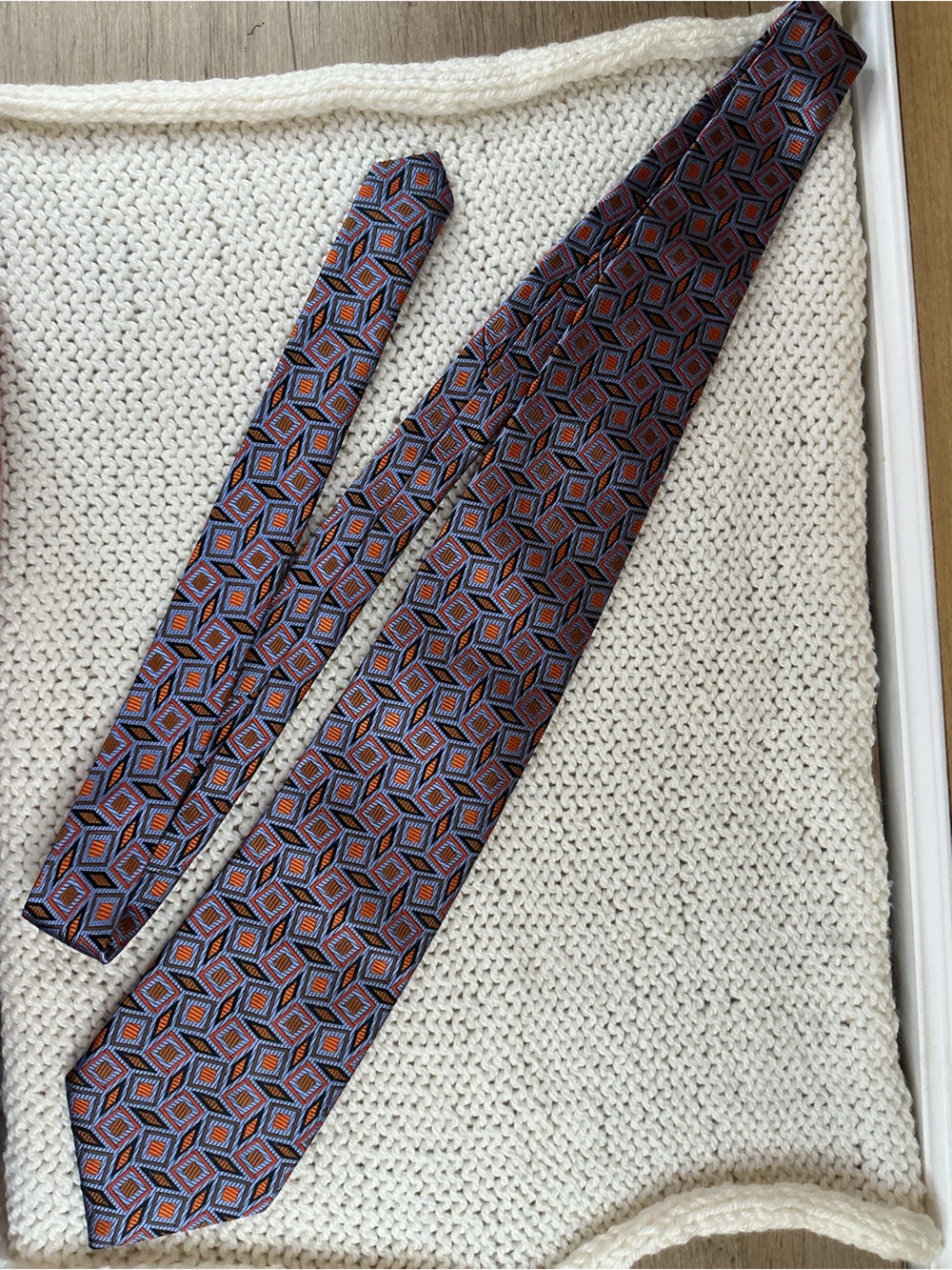 True Forum Silk Tie Geometric Retro Wide 4” Blue Orange Brown Extra Long 62”